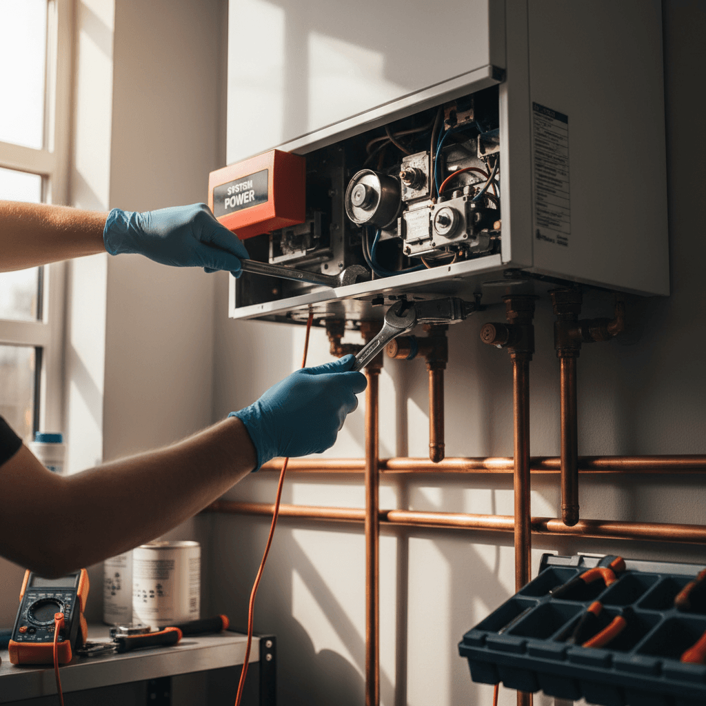 Boiler repair technician fixing heating system
